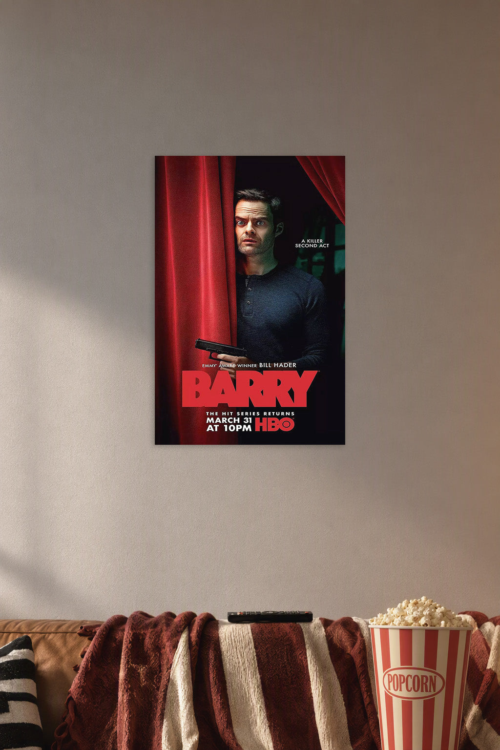 Barry (TV Series) Bill Hader in a cozy movie room above a brown sofa with popcorn.