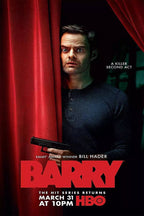 Barry poster features Bill Hader peering from red theater curtains with a handgun, bold red title text, and dark backdrop.