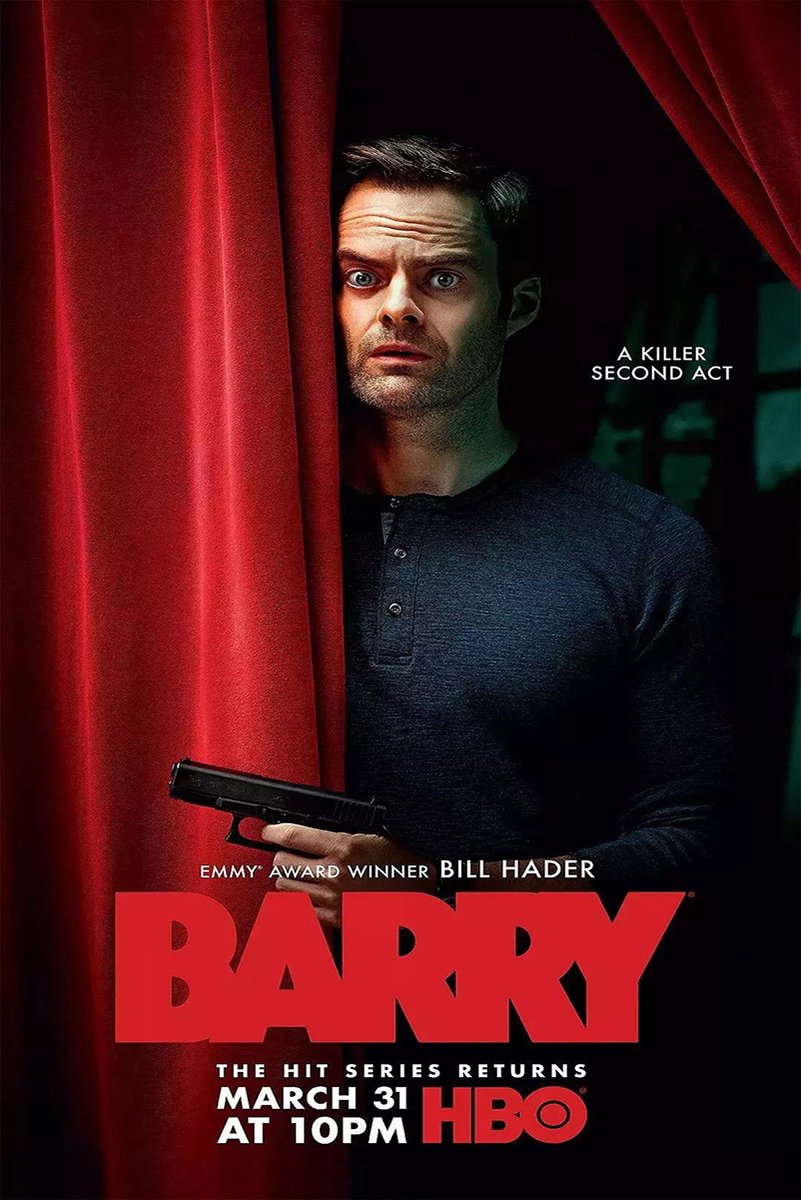 Barry poster features Bill Hader peering from red theater curtains with a handgun, bold red title text, and dark backdrop.