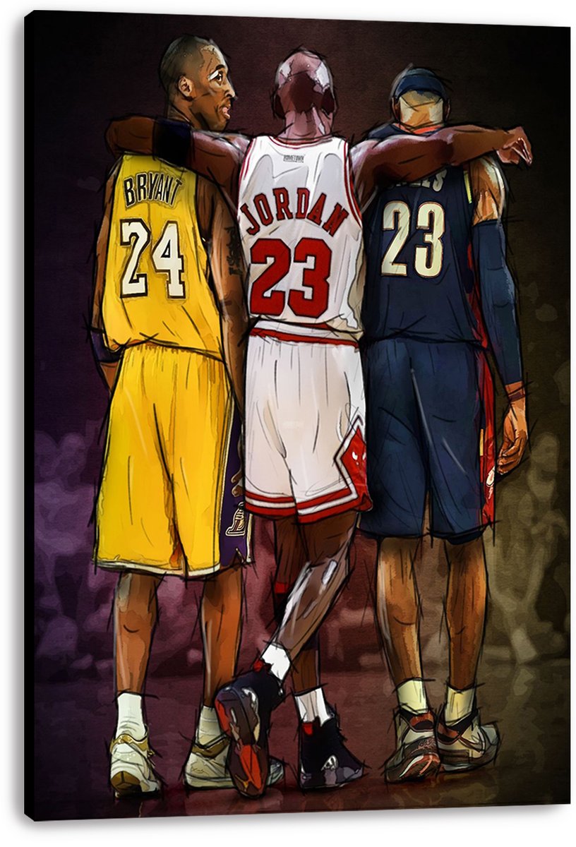 Canvas wall art print displays a sketch-style trio of Bryant, Jordan, and James linked together, with jersey numbers 24 and 23 visible.