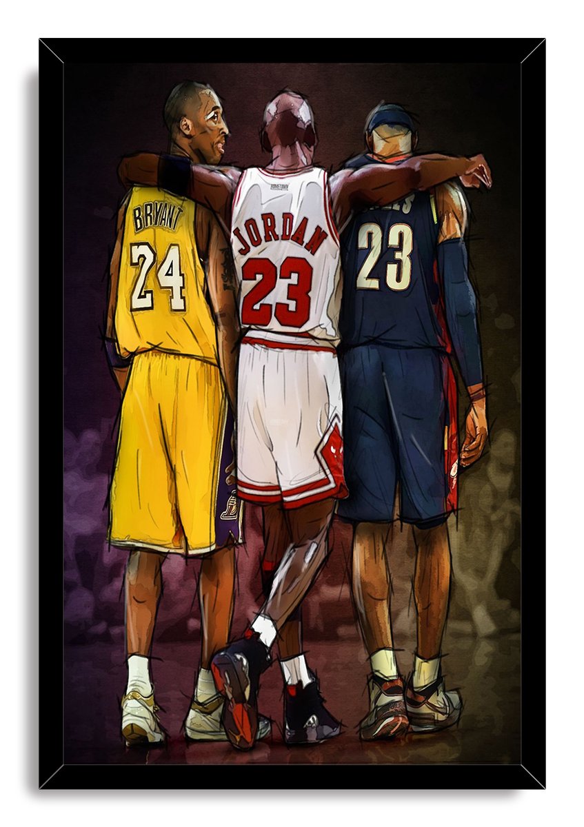 Framed basketball wall art print portrays Bryant, Jordan, and James from behind with arms around one another against a dark backdrop.