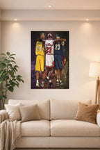 Basketball GOATs Trio (Kobe Bryant, Michael Jordan, LeBron James) in a bright living room above a beige sofa.