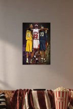 Basketball GOATs Trio (Kobe Bryant, Michael Jordan, LeBron James) in a cozy movie room above a brown sofa with popcorn.
