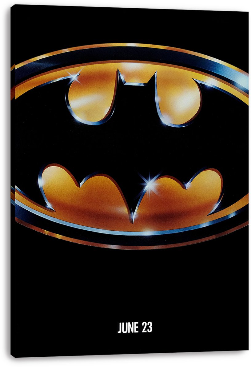 Batman canvas wall art print featuring a black bat emblem, gold oval rings, bright highlights, and “JUNE 23” lettering.