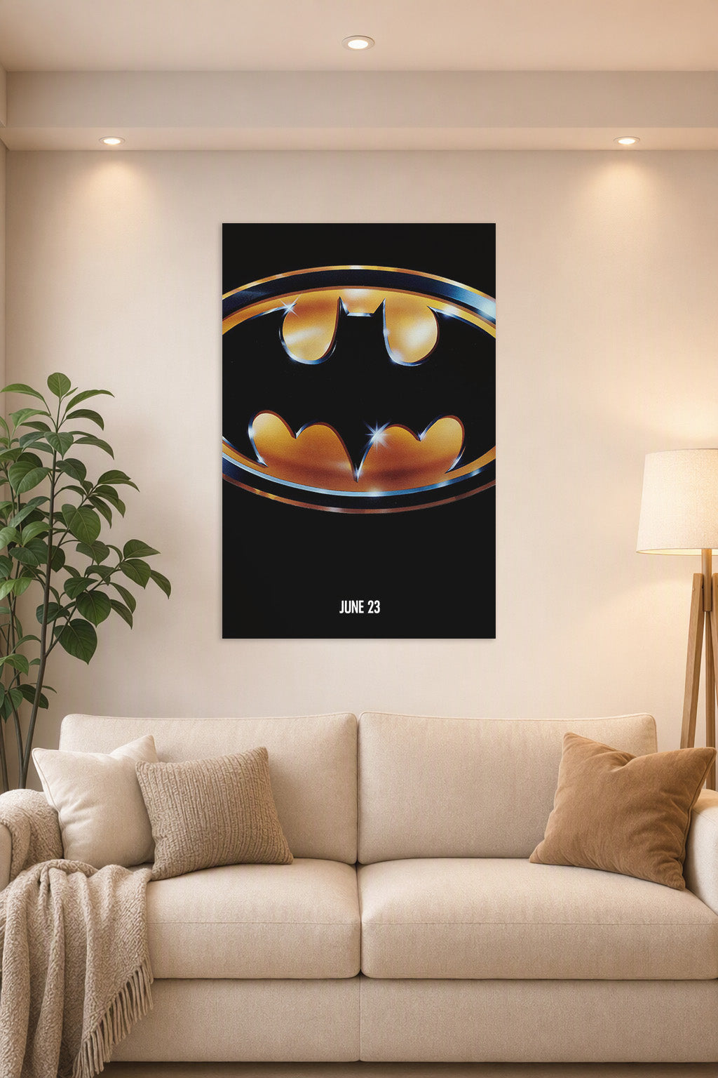 Batman Logo in a bright living room above a beige sofa.