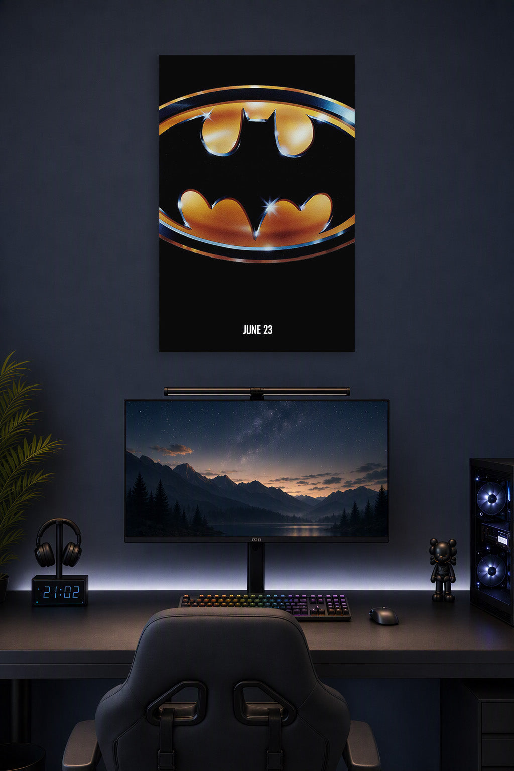 Batman Logo in a gaming desk setup above a monitor.