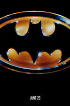 Batman poster with a glossy black bat silhouette inside a metallic gold oval emblem and white “JUNE 23” text.