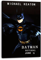 Batman Returns wall art print on stretched canvas featuring Michael Keaton as Batman against a dark background.