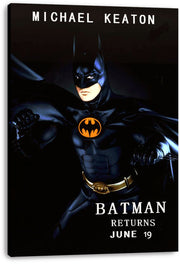 Batman Returns wall art print on stretched canvas featuring Michael Keaton as Batman against a dark background.