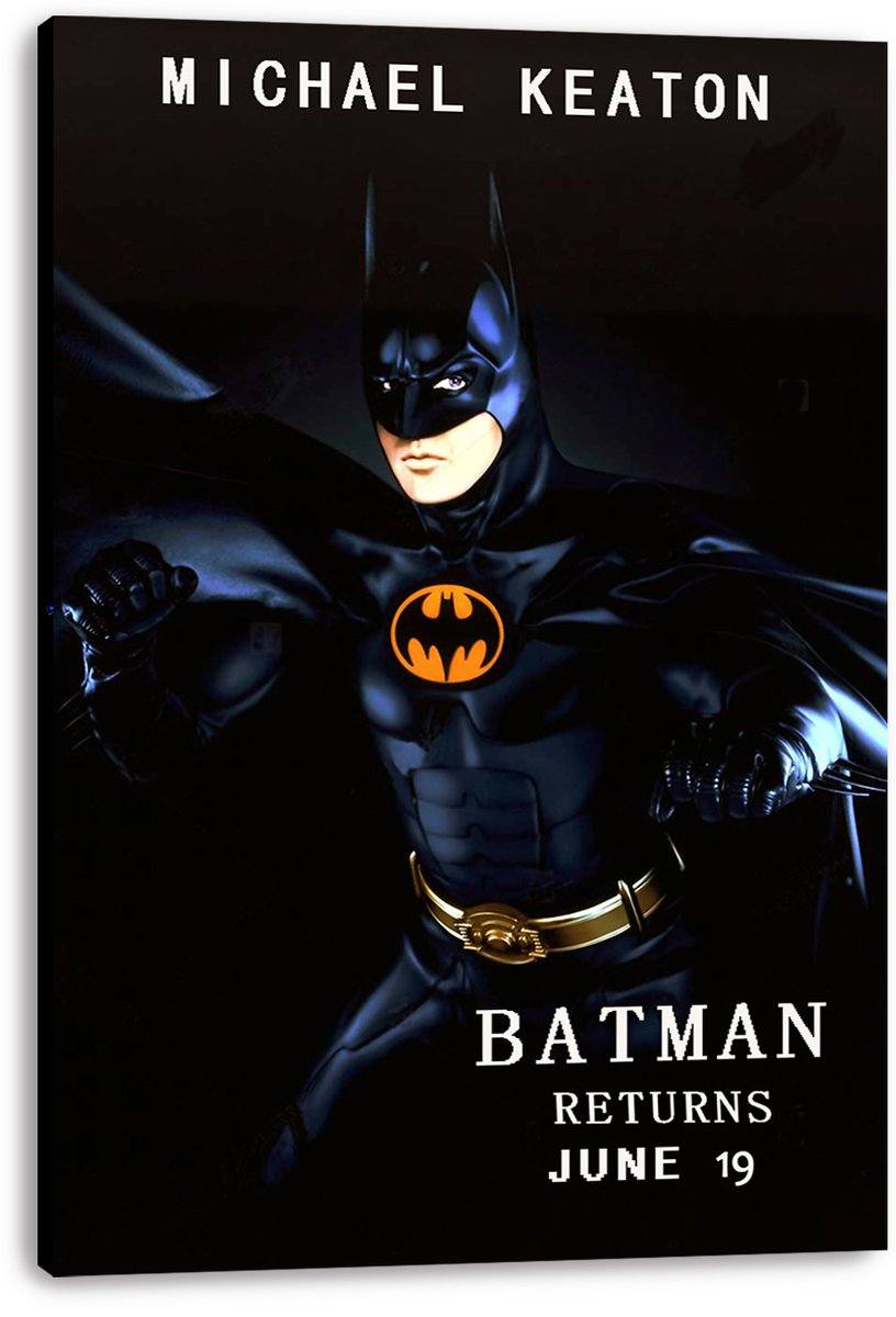 Batman Returns wall art print on stretched canvas featuring Michael Keaton as Batman against a dark background.
