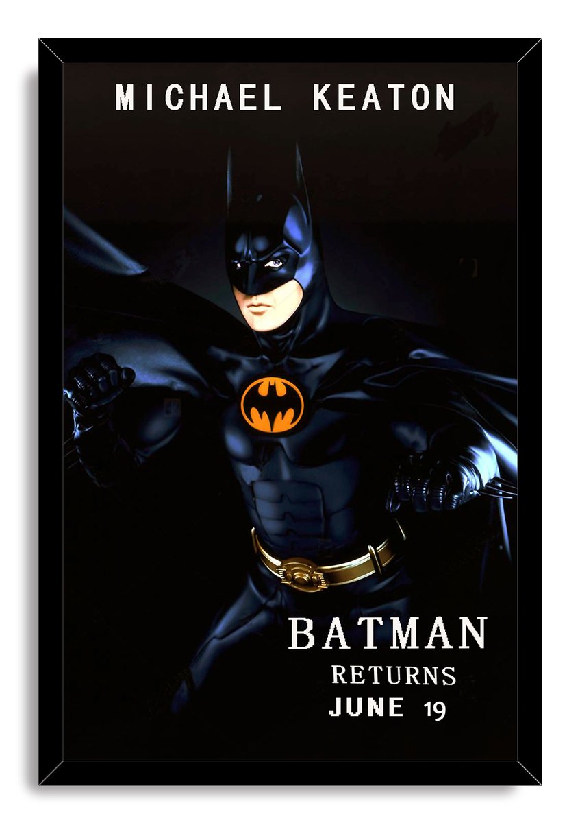 Batman Returns framed wall art print with Michael Keaton in black armor, yellow emblem, and gold utility belt.