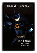 Batman Returns framed wall art print with Michael Keaton in black armor, yellow emblem, and gold utility belt.