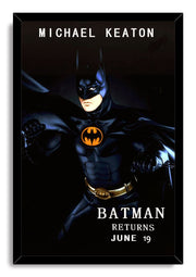Batman Returns framed wall art print with Michael Keaton in black armor, yellow emblem, and gold utility belt.