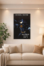 Batman Michael Keaton in a bright living room above a beige sofa.