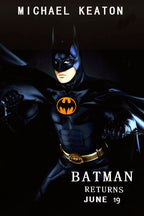 Batman Returns poster featuring Michael Keaton in a black suit with a glowing yellow bat emblem and June 19 text.