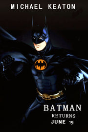 Batman Returns poster featuring Michael Keaton in a black suit with a glowing yellow bat emblem and June 19 text.