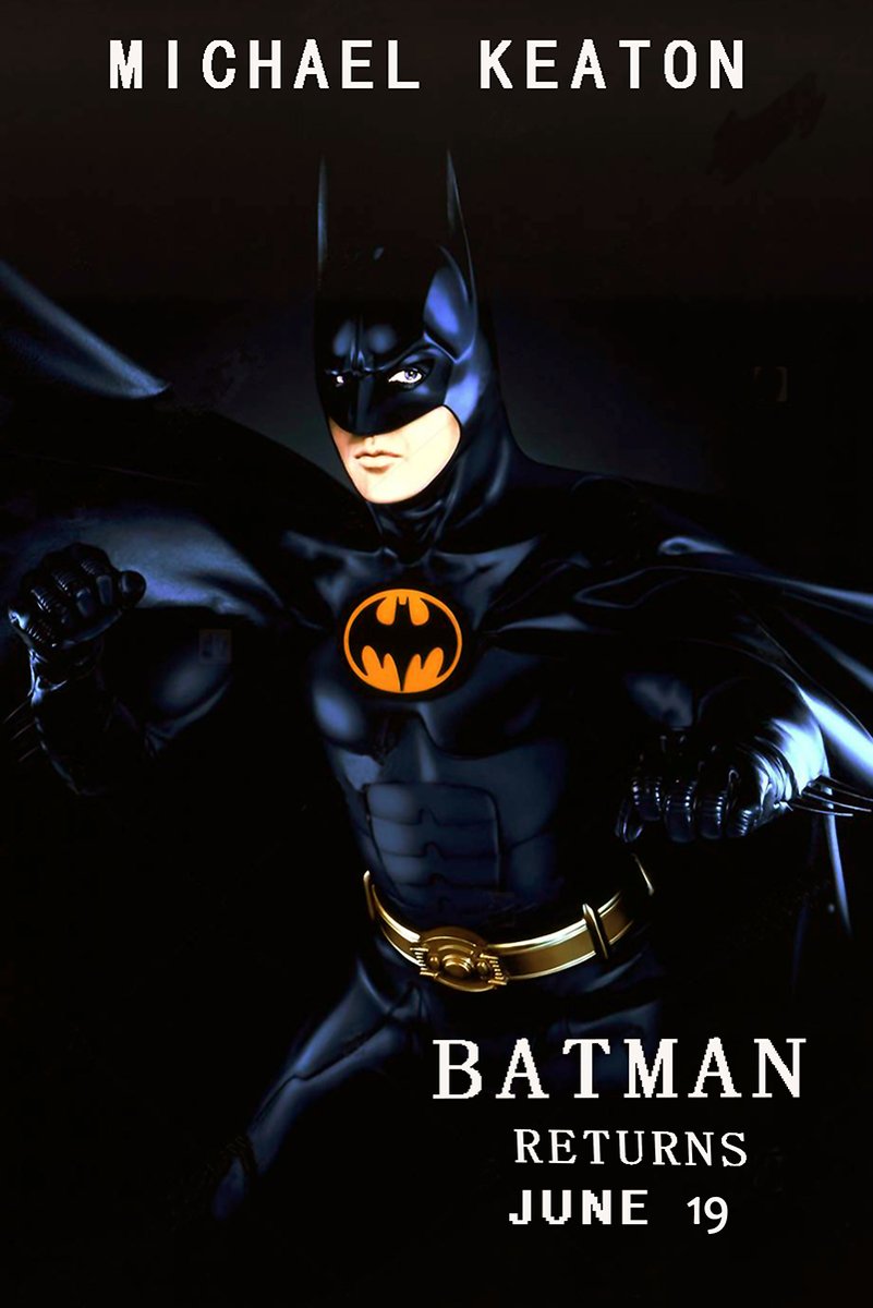 Batman Returns poster featuring Michael Keaton in a black suit with a glowing yellow bat emblem and June 19 text.