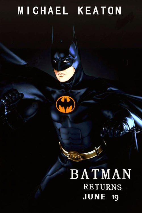 Batman Returns poster featuring Michael Keaton in a black suit with a glowing yellow bat emblem and June 19 text.