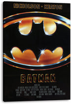 Batman canvas wall art print displays the classic black and gold bat symbol, cast names, title, and visible wrapped edges.