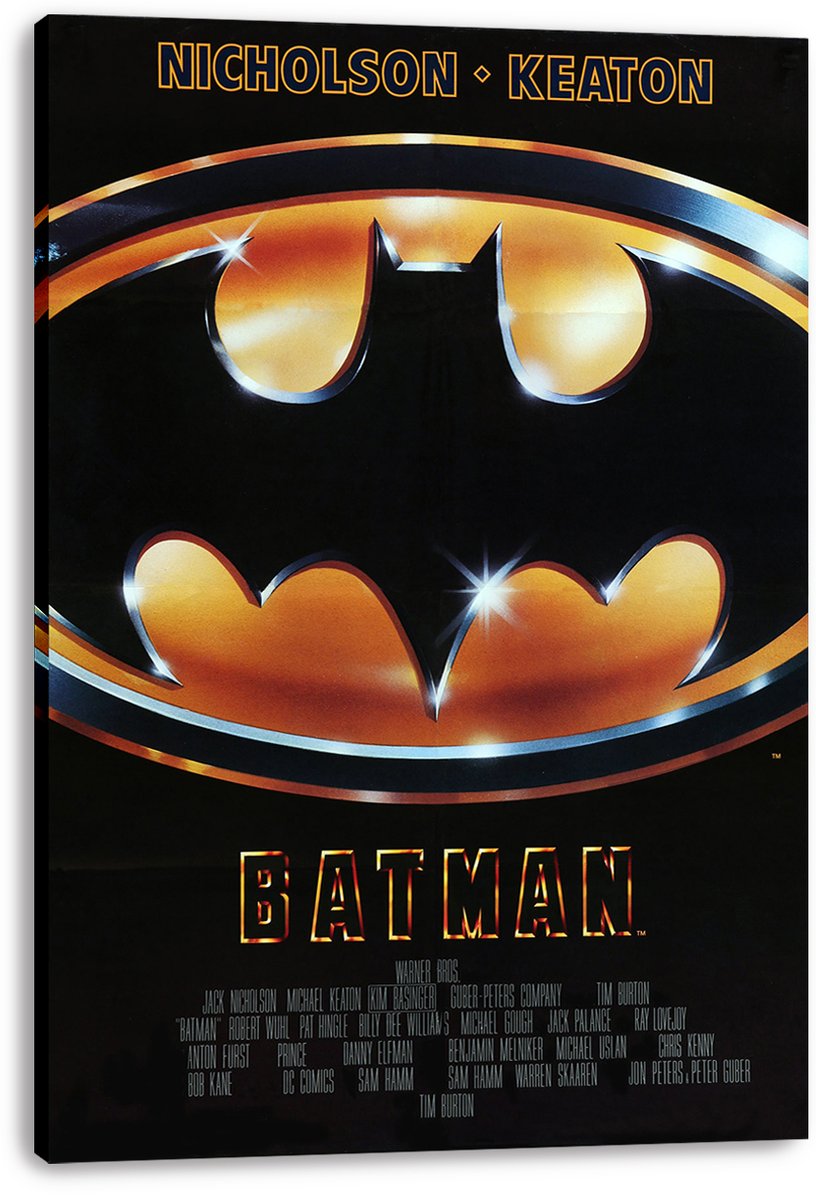 Batman canvas wall art print displays the classic black and gold bat symbol, cast names, title, and visible wrapped edges.
