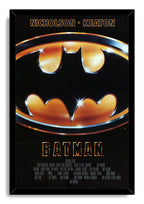 Batman framed wall art print presents the black-and-gold bat emblem, bright highlights, cast names, and title in a black frame.