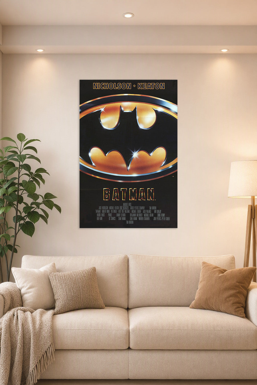 Batman Movie in a bright living room above a beige sofa.
