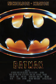 Batman movie poster features a glossy black bat emblem over a gold oval, with Nicholson, Keaton, and title text.
