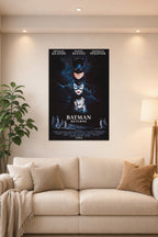 Batman Returns Movie Poster in a bright living room above a beige sofa.
