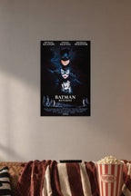 Batman Returns Movie Poster in a cozy movie room above a brown sofa with popcorn.