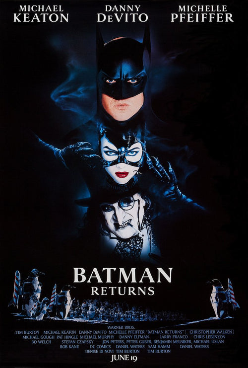 Batman Returns movie poster wall art print with Batman, Catwoman, and the Penguin in blue-black portraits above penguins.