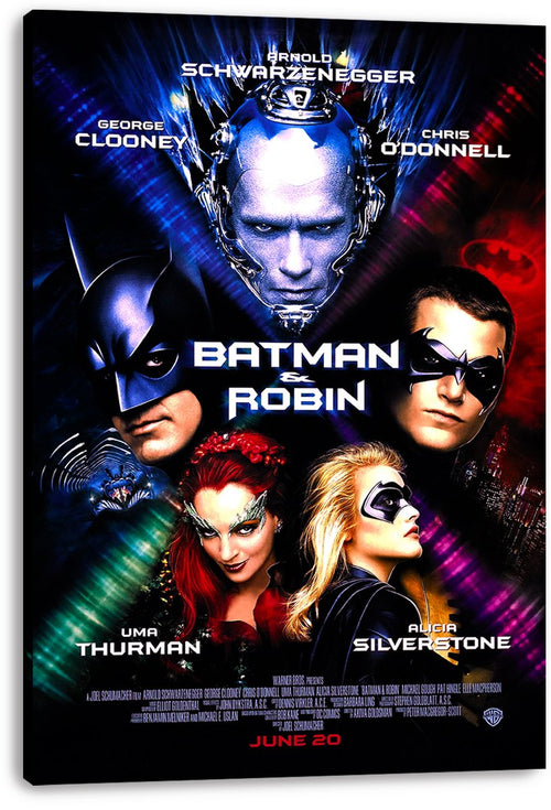 Batman & Robin canvas wall art print displaying the ensemble poster with icy blue Mr. Freeze, masked heroes, and vivid neon streaks.
