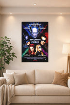 Batman & Robin Movie Poster in a bright living room above a beige sofa.