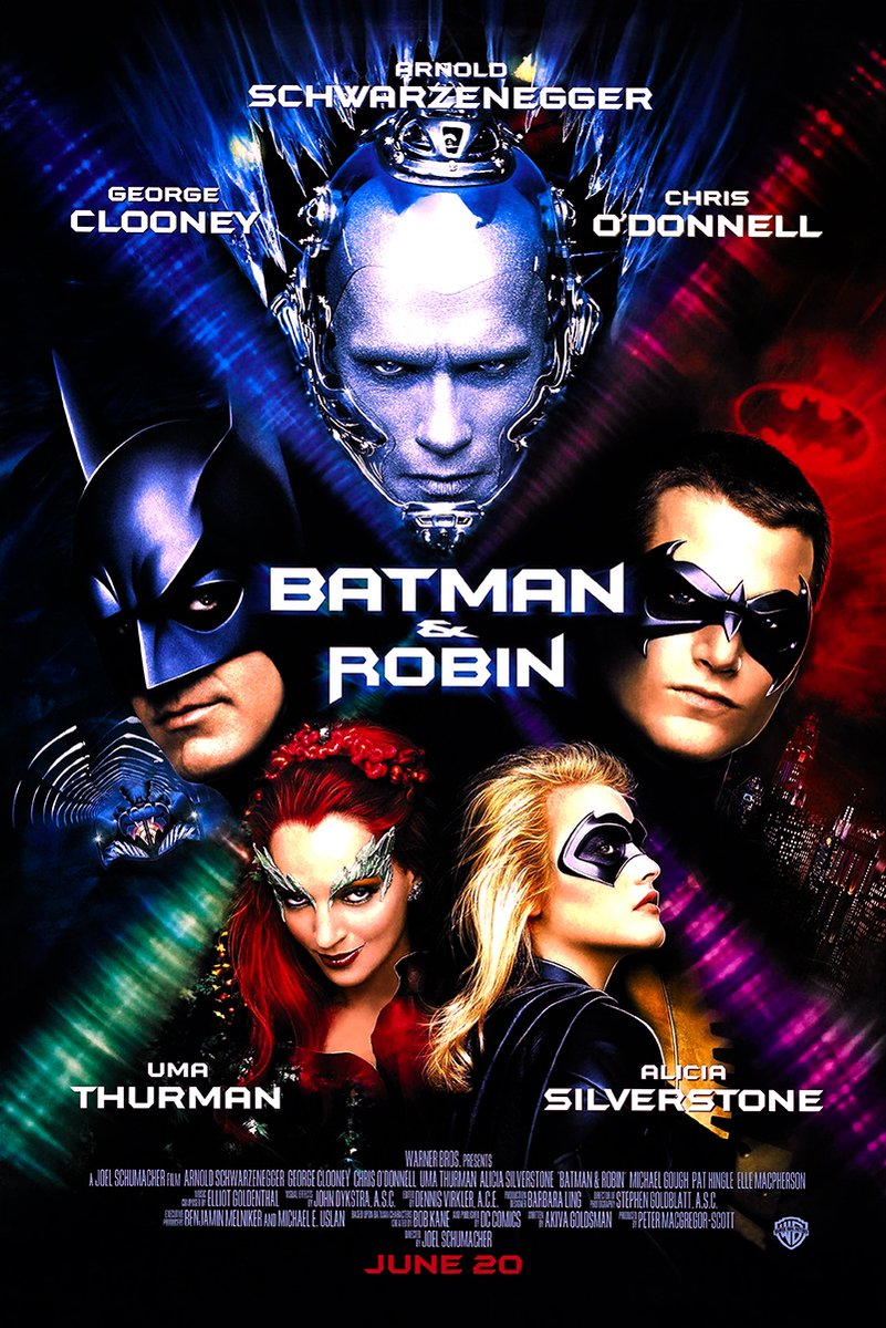 Batman & Robin movie poster wall art with Batman, Robin, Mr. Freeze, Poison Ivy, and Batgirl in neon blue, red, and green.
