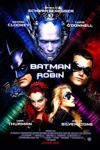 Batman & Robin movie poster wall art with Batman, Robin, Mr. Freeze, Poison Ivy, and Batgirl in neon blue, red, and green.