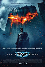 Batman The Dark Knight poster with Batman beneath a blazing bat symbol on a smoky blue city building.
