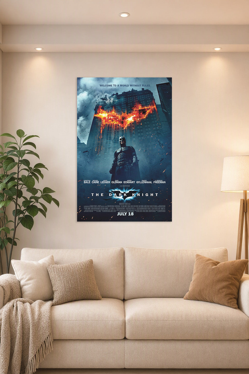 Batman The Dark Knight in a bright living room above a beige sofa.