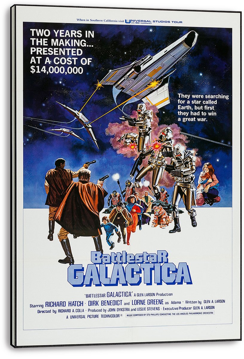 Battlestar Galactica canvas wall art print presents a starship, fighting robots, and fleeing characters against deep blue space.