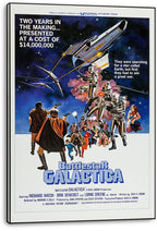Battlestar Galactica canvas wall art print presents a starship, fighting robots, and fleeing characters against deep blue space.