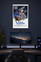 Battlestar Galactica Movie Poster in a gaming desk setup above a monitor.
