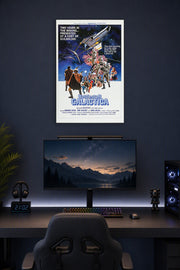 Battlestar Galactica Movie Poster in a gaming desk setup above a monitor.