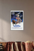 Battlestar Galactica Movie Poster in a cozy movie room above a brown sofa with popcorn.