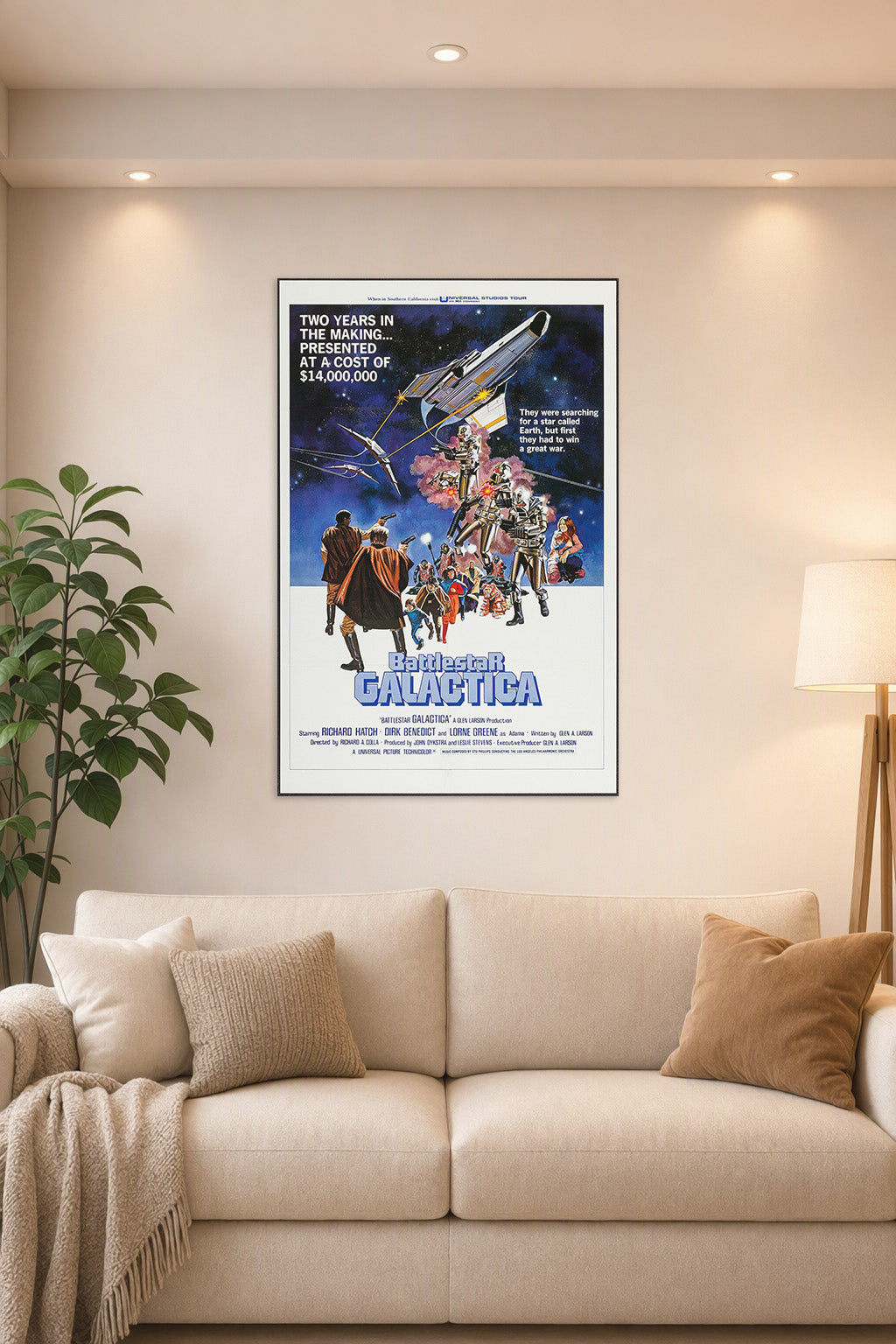 Battlestar Galactica Movie Poster in a bright living room above a beige sofa.