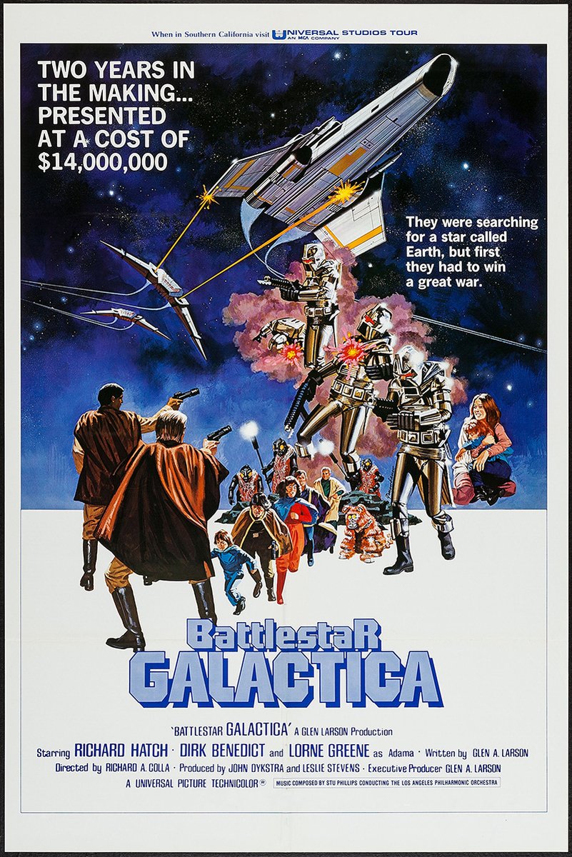 Battlestar Galactica poster features a starship battle, silver Cylon robots, armed figures, and bold blue title text.