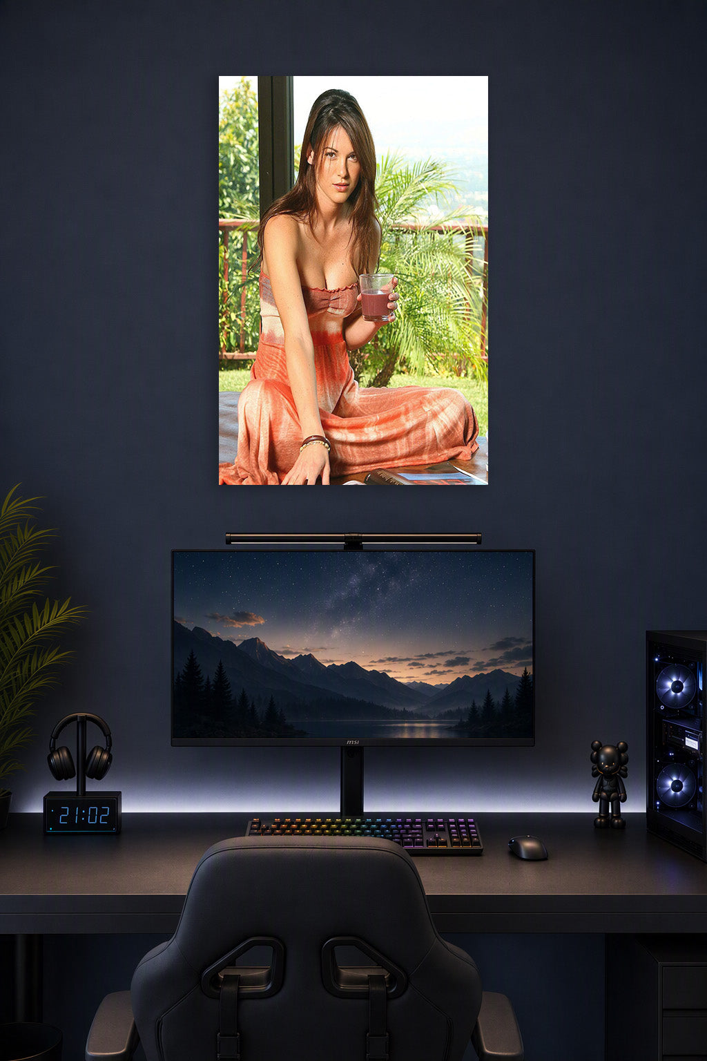 Beautiful Woman Portrait in a gaming desk setup above a monitor.