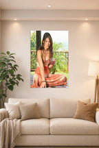 Beautiful Woman Portrait in a bright living room above a beige sofa.