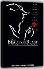 Beauty and the Beast canvas wall art featuring a white Beast silhouette holding a red rose on a black field.