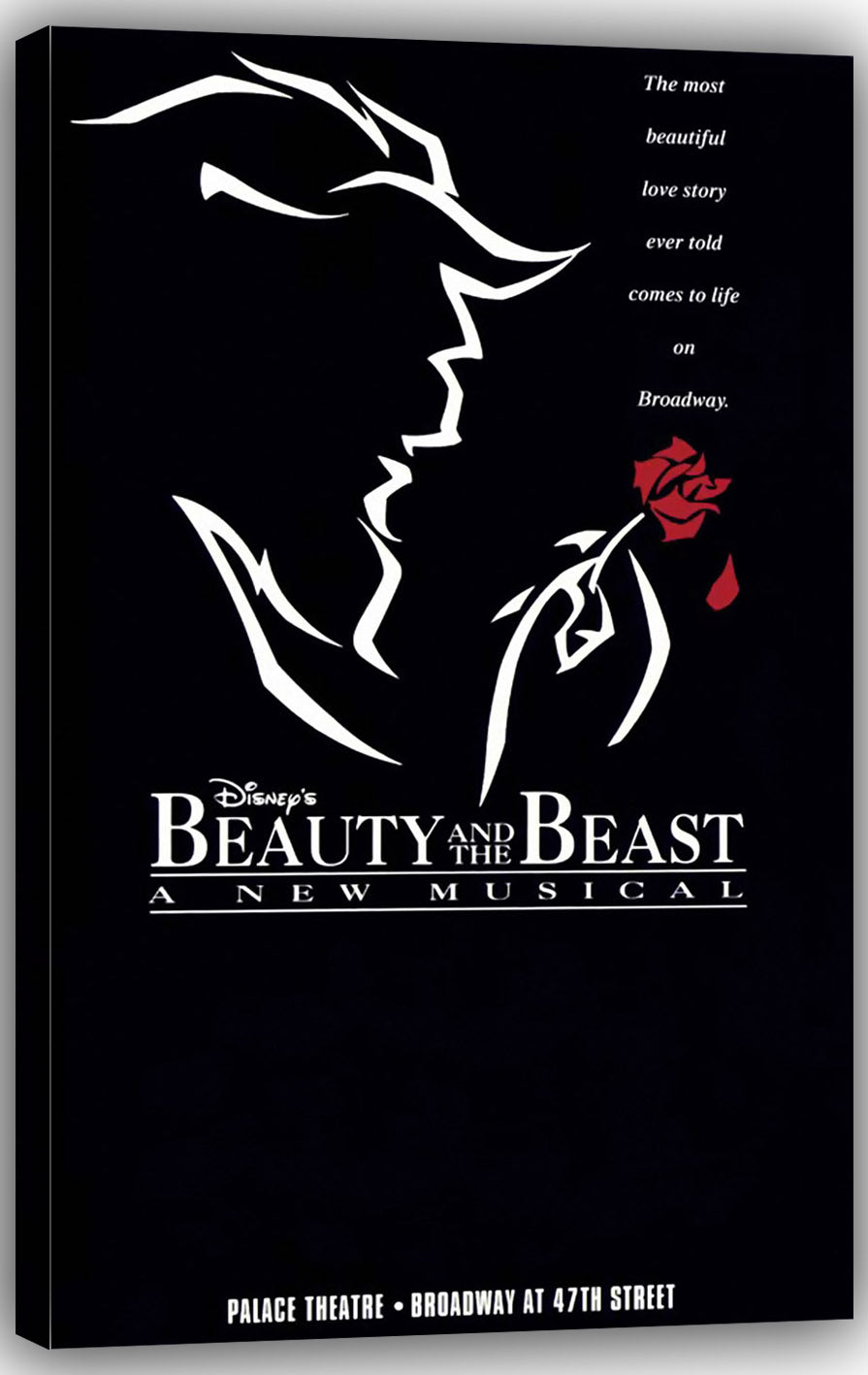 Beauty and the Beast canvas wall art featuring a white Beast silhouette holding a red rose on a black field.