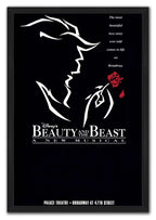 Beauty and the Beast framed wall art print with minimalist white linework, a red rose, and Palace Theatre text.