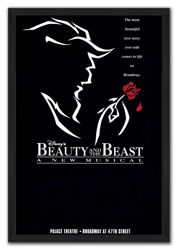 Beauty and the Beast framed wall art print with minimalist white linework, a red rose, and Palace Theatre text.