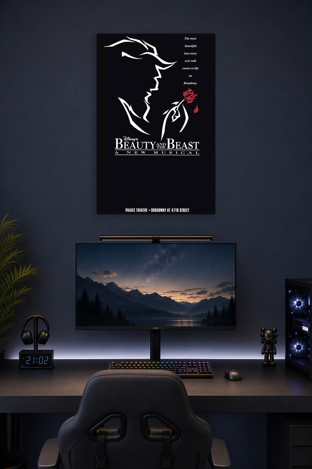 Beauty and The Beast Movies in a gaming desk setup above a monitor.